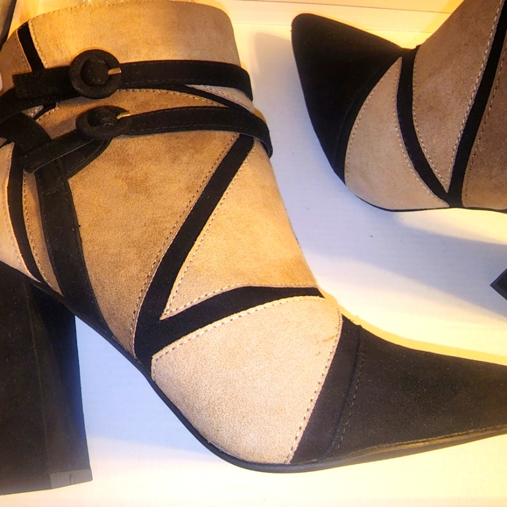 JustFab Adler Patchwork Heeled Bootie Taupe brand new in box